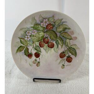 Vintage Hand Painted Platter Round Fruit Strawberry Large 12” Porcelain Signed 